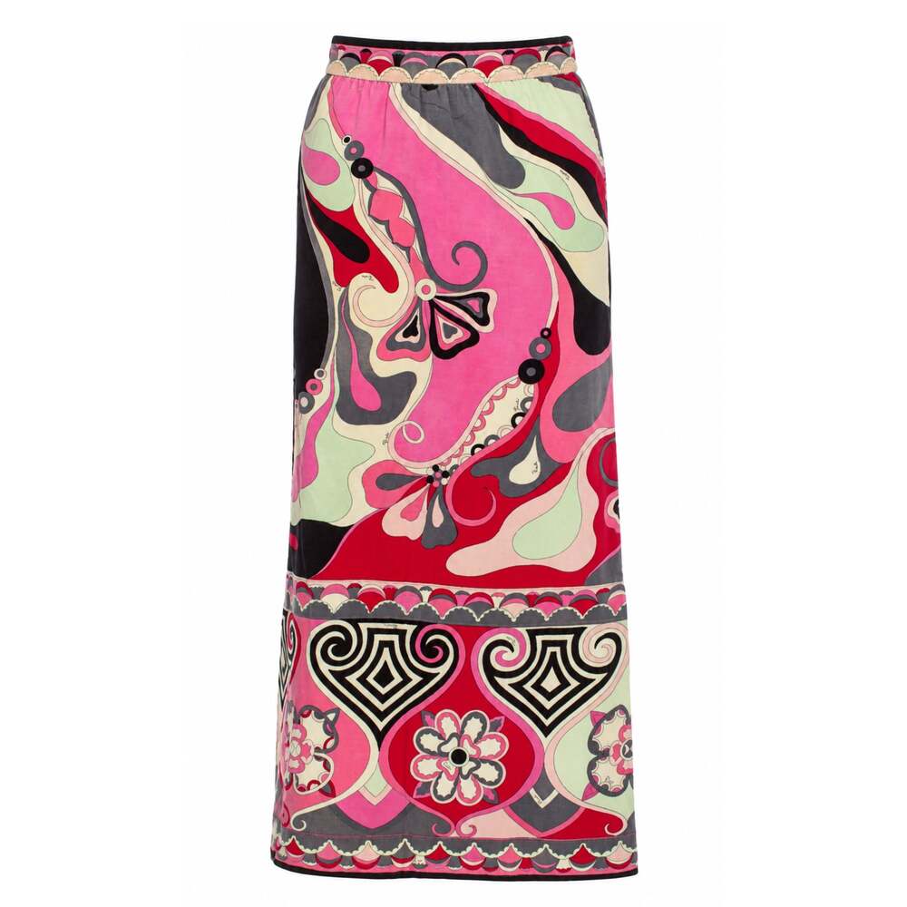 Emilio Pucci Vintage Geometric and Floral Printed Velvet Maxi Skirt Size 8